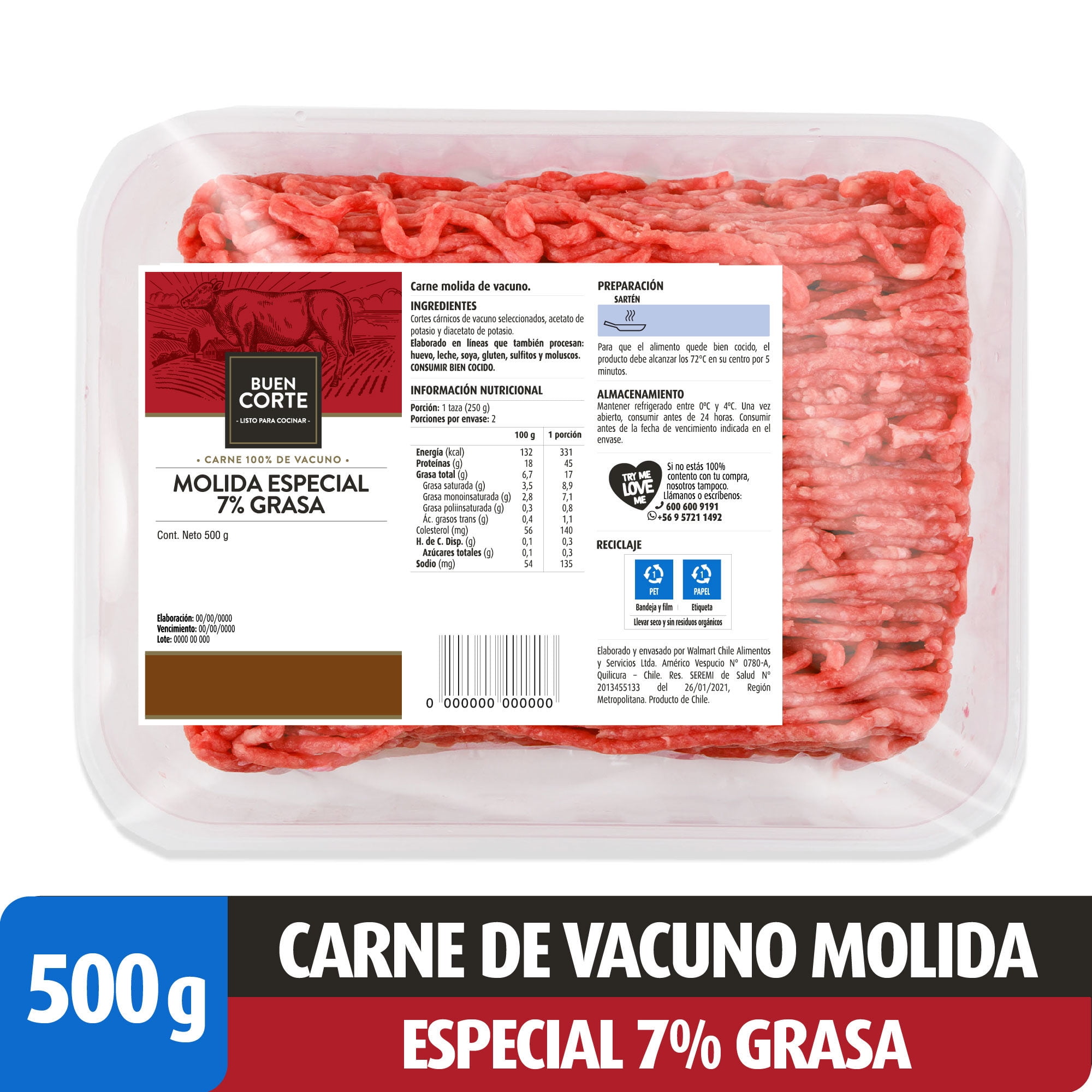Carne Molida De Vacuno 7% Grasa Bandeja 500 gr El Buen Corte