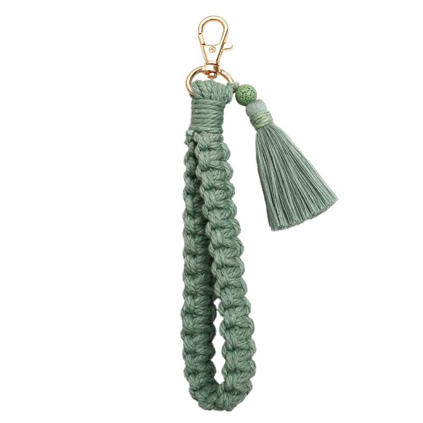 Pulsera de macramé con llavero, hecha a mano, con borla y cordón tejido para mujer