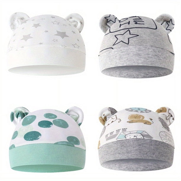 Get Your Hands on 4pcs of Adorable Cartoon Printed Hats for Your Newborn Baby Boy or Girl!