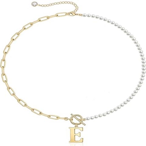 Collar Heshpaws Gold Initial Pearl 14K Gold Plated Paperclip Link Cadena Y Colgante Inicial A-Z