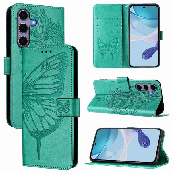 Funda Cartera Mariposa Para Samsung Galaxy S24 Con Soporte Y Ranuras Para Tarjetas Verde