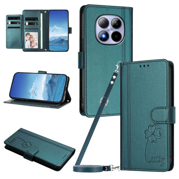 Funda Cartera Trébol para Xiaomi Poco M8 Pro 5G con Ranuras Tarjetas y Carga Inalámbrica Verde oscuro