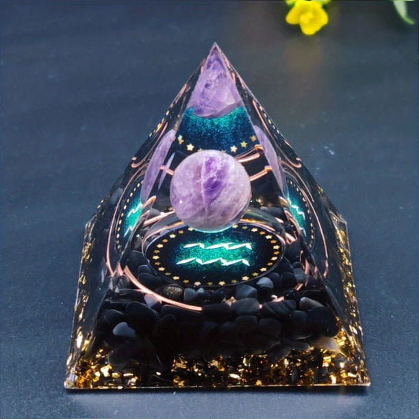 1pc Twelve Constellations Orgone Pyramid Taurus/Scorpio/Leo/Pisces/Cancer/Virgo/Libra/Aries/Gemini/Aquarius Amethyst Peridot Healing Crystal Energy Orgonite Pyramide Meditation Tool Quartz Home Decor