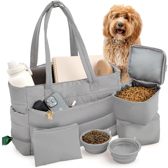 Bolso de viaje para perros rubyloo Puffer Tote con tazones gris