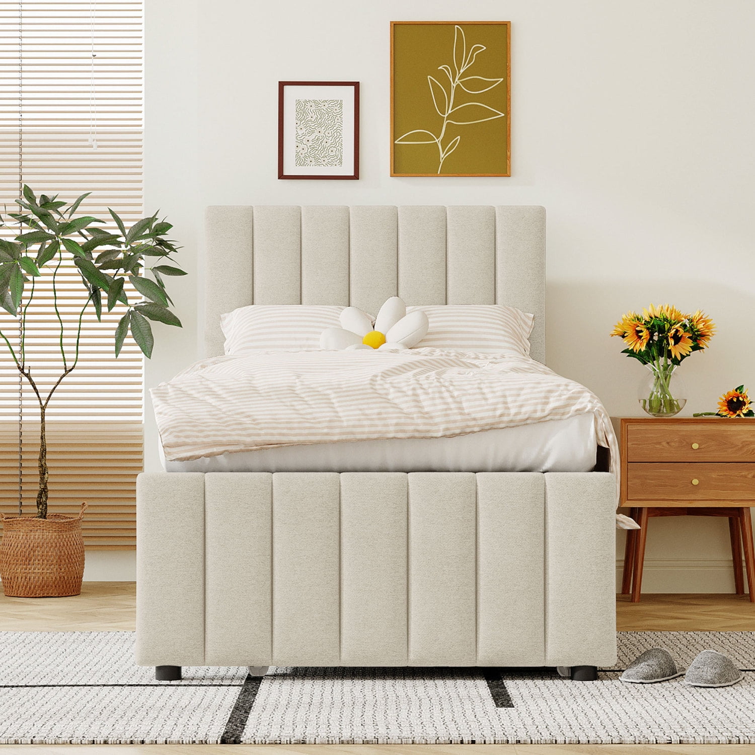 M&ms - Twin Size Upholstered Platform Bed With Trundle And 3 Drawers, Linen Fabric, Beige
