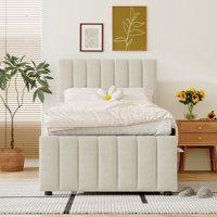 M&Ms - Twin Size Upholstered Platform Bed With Trundle And 3 Drawers, Linen Fabric, Beige