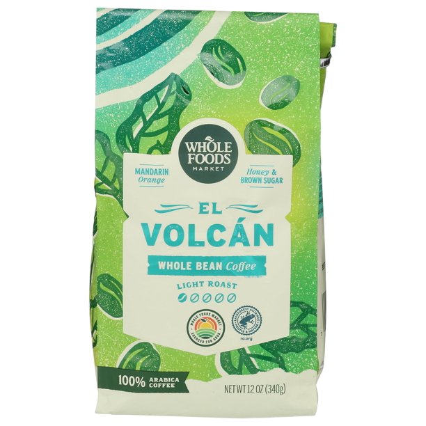 Café en grano entero Whole Foods Market El Volcán Tostado ligero con naranja mandarina, miel y azúcar moreno 340 g