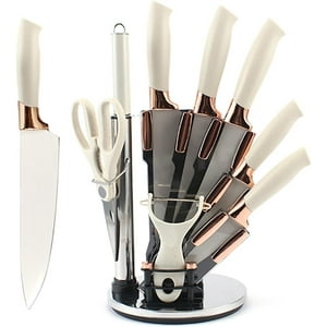 Mp - Set Cuchillos De Cocina 9 Piezas Con Base Giratoria Beige