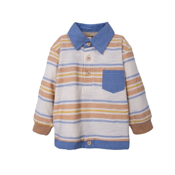 Polera Bebé Niño Manga Larga a Rayas Cuello Chambray Crudo