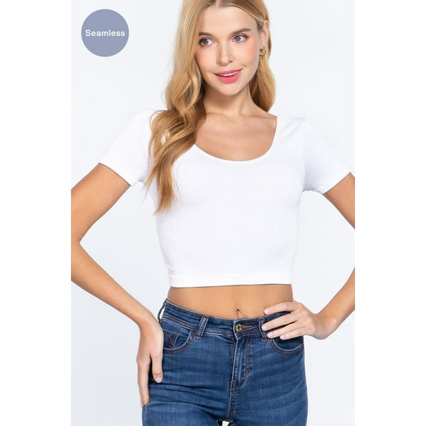 Saronite Top Corto Básico de Punto Acanalado con Cuello Redondo, Espalda Cruzada y Manga Corta, Blanco (para Mujer)