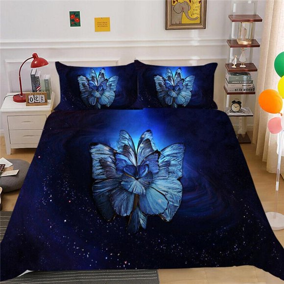 Blue Butterfly Flower Quilt Duvet Cover Set Bedclothes Soft Bedspread3-Piece Bedding Set