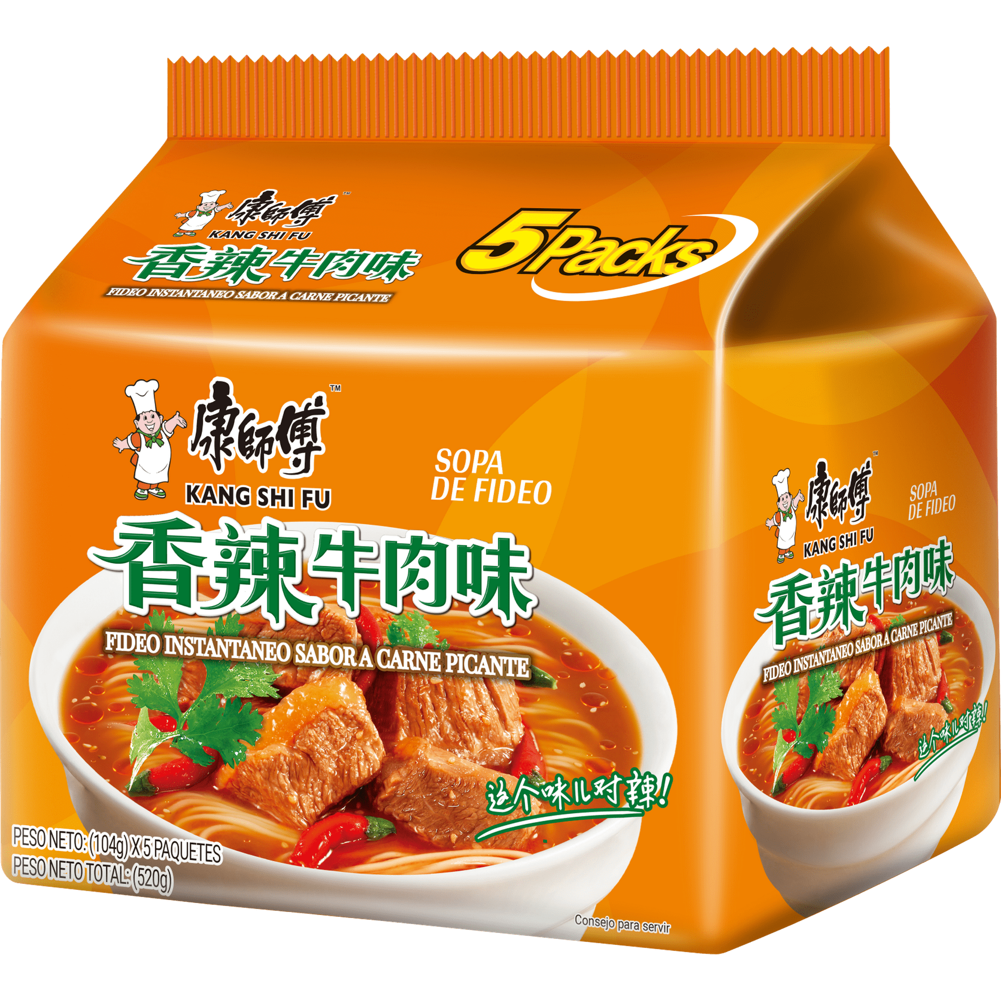 Fideo Instantaneo Kang Shi Fu Sabor A Carne Picante 104g*pack 5 Bolsas
