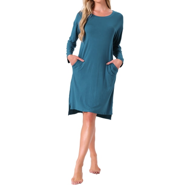 INSPIRE CHIC Camisón de Mujer de Manga Larga con Abertura en el Dobladillo Alto Bajo de Rayón con Sujetador Incorporado y Bolsillos Vestido de Dormir Ropa de Noche Embarazo M Azul