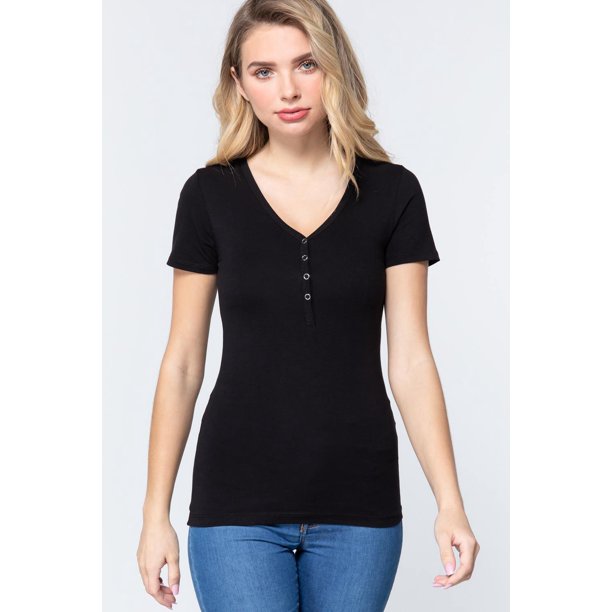 Top Corto de Punto Henley con Cuello en V y Manga Corta