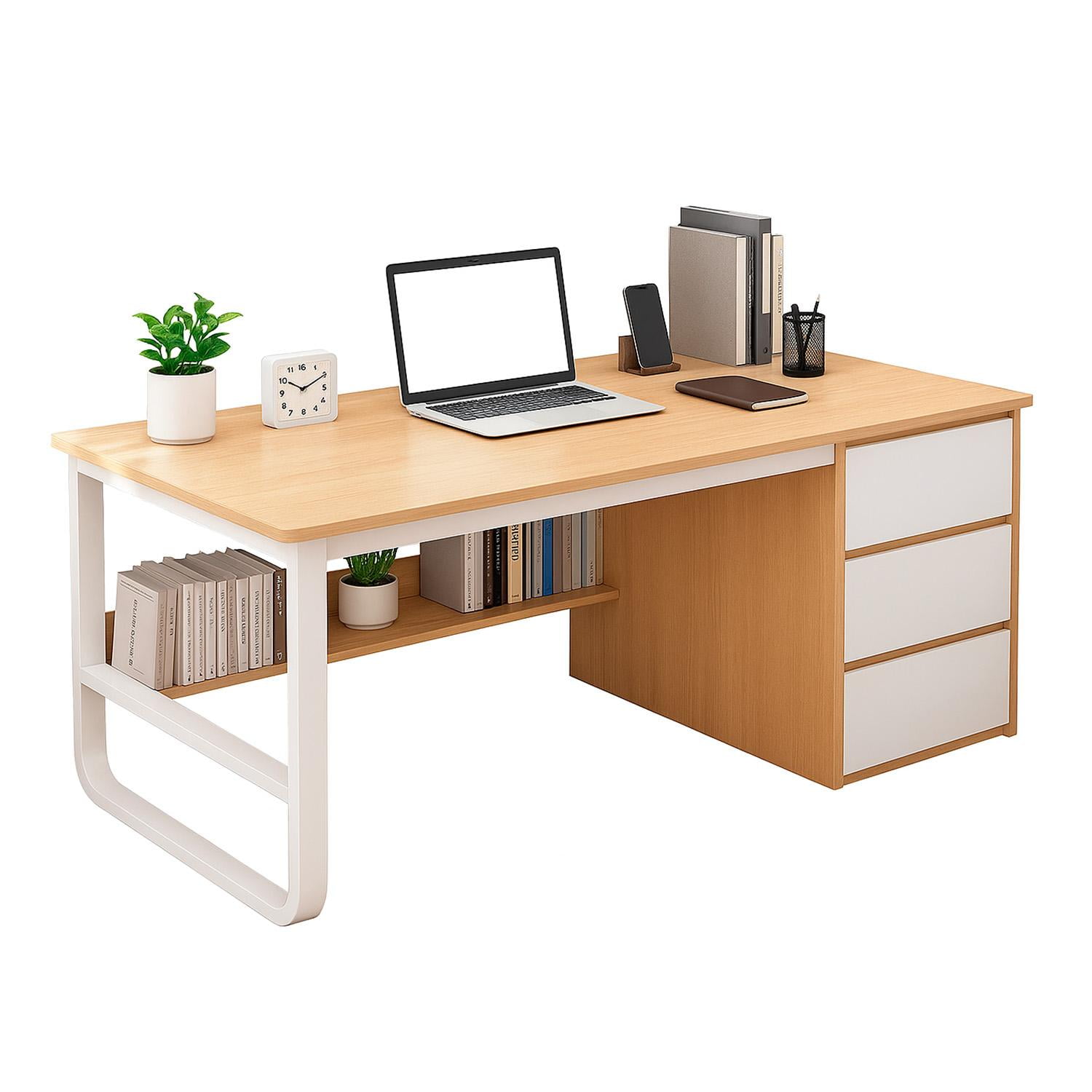 Global Latin Group - Escritorio Con 3 Cajones Y Estante Librero Madera Blanco Oficina