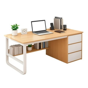 Global Latin Group - Escritorio Con 3 Cajones Y Estante Librero Madera Blanco Oficina Beige