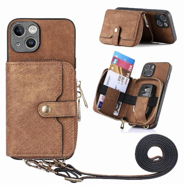 Funda Tipo Cartera con Correa Cruzada para iPhone 15 Plus Protección Contra Golpes Marrón