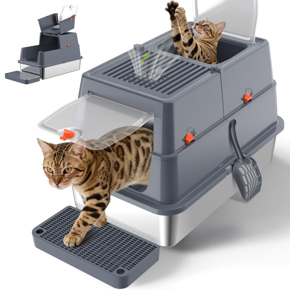 Caja de arena Tondid XL 58 cm con tapa giratoria gris - Control de olores