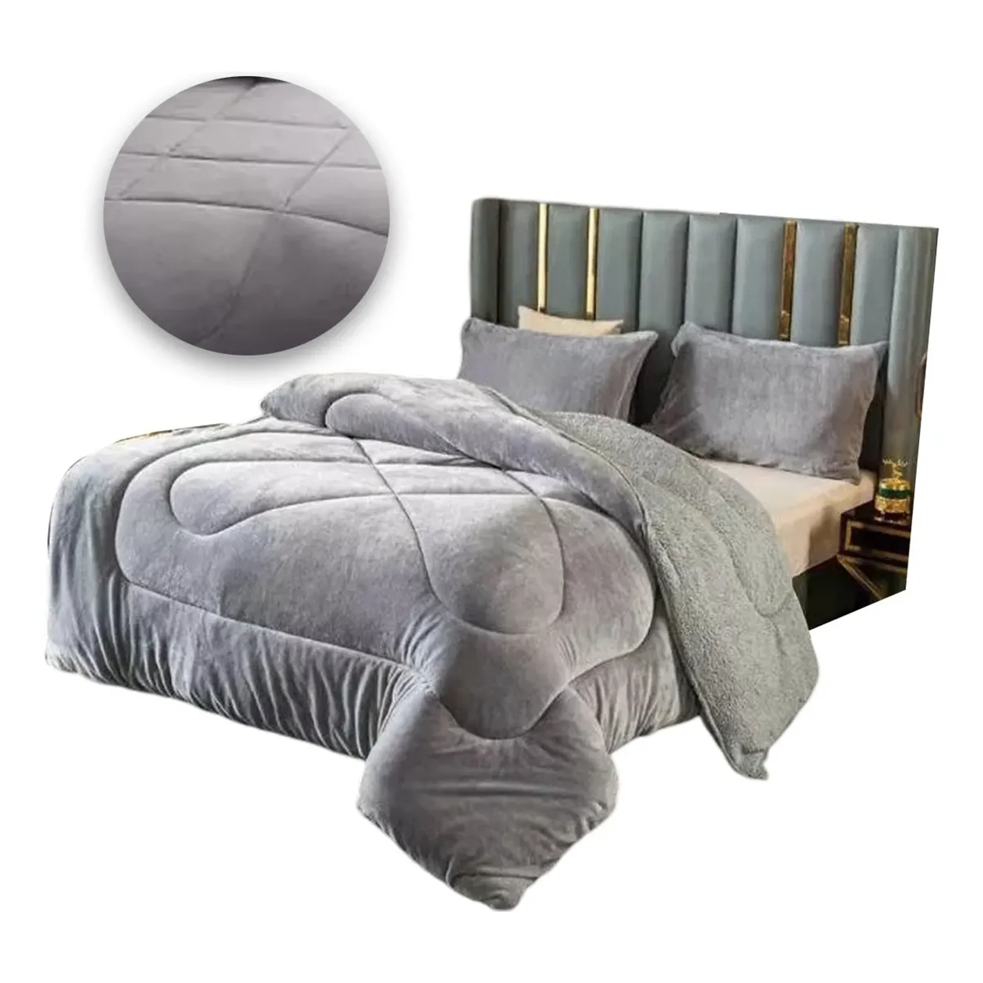Max - Cobertor Cubrecama Grueso Peludo Chiporro 2 Plaza + 2 Funda Gris