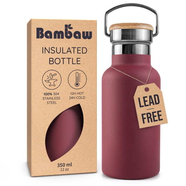 Botella de Agua Aislada Bambaw de 12 oz con Asa, Boca Ancha, Rojo, Acero Inoxidable, Botella Metálica de Pared Doble Aislada, Pequeña y Reutilizable – Rojo Berry