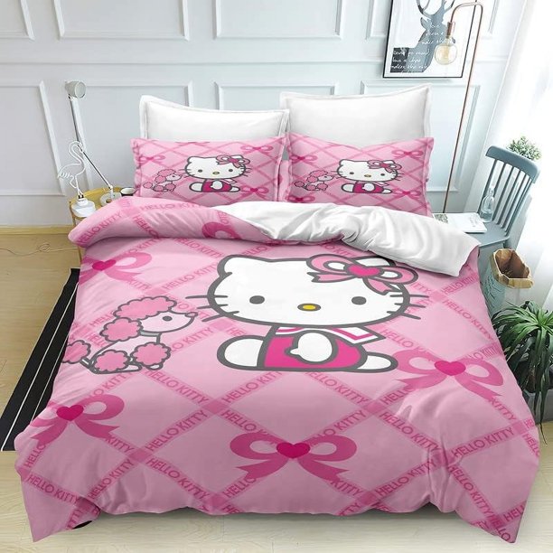 Printed Duvet Quilt Cover Hello Bedding Bed Set Kitty Soft Comforter Microfiber with Zipper Closure Great Match with Any Home Decor