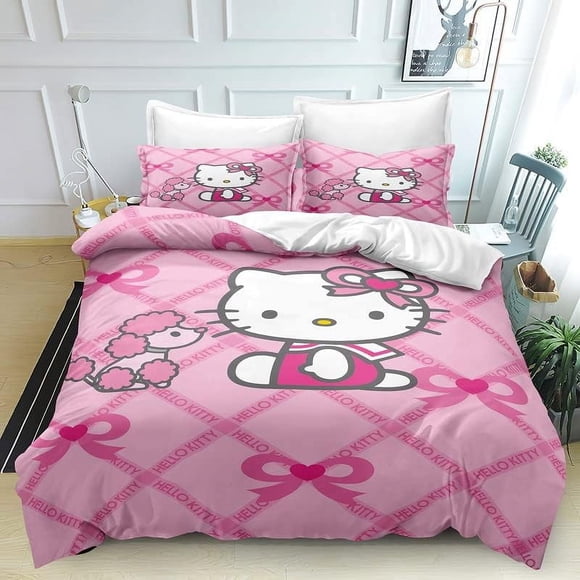 Printed Duvet Quilt Cover Hello Bedding Bed Set Kitty Soft Comforter Microfiber with Zipper Closure Great Match with Any Home Decor