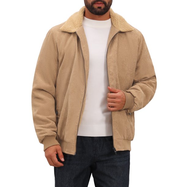 INSPIRE CHIC Abrigo de Invierno para Hombre con Bolsillos, Solapa, Cremallera, Forro de Felpa, Chaqueta de Pana Cálida M Caqui