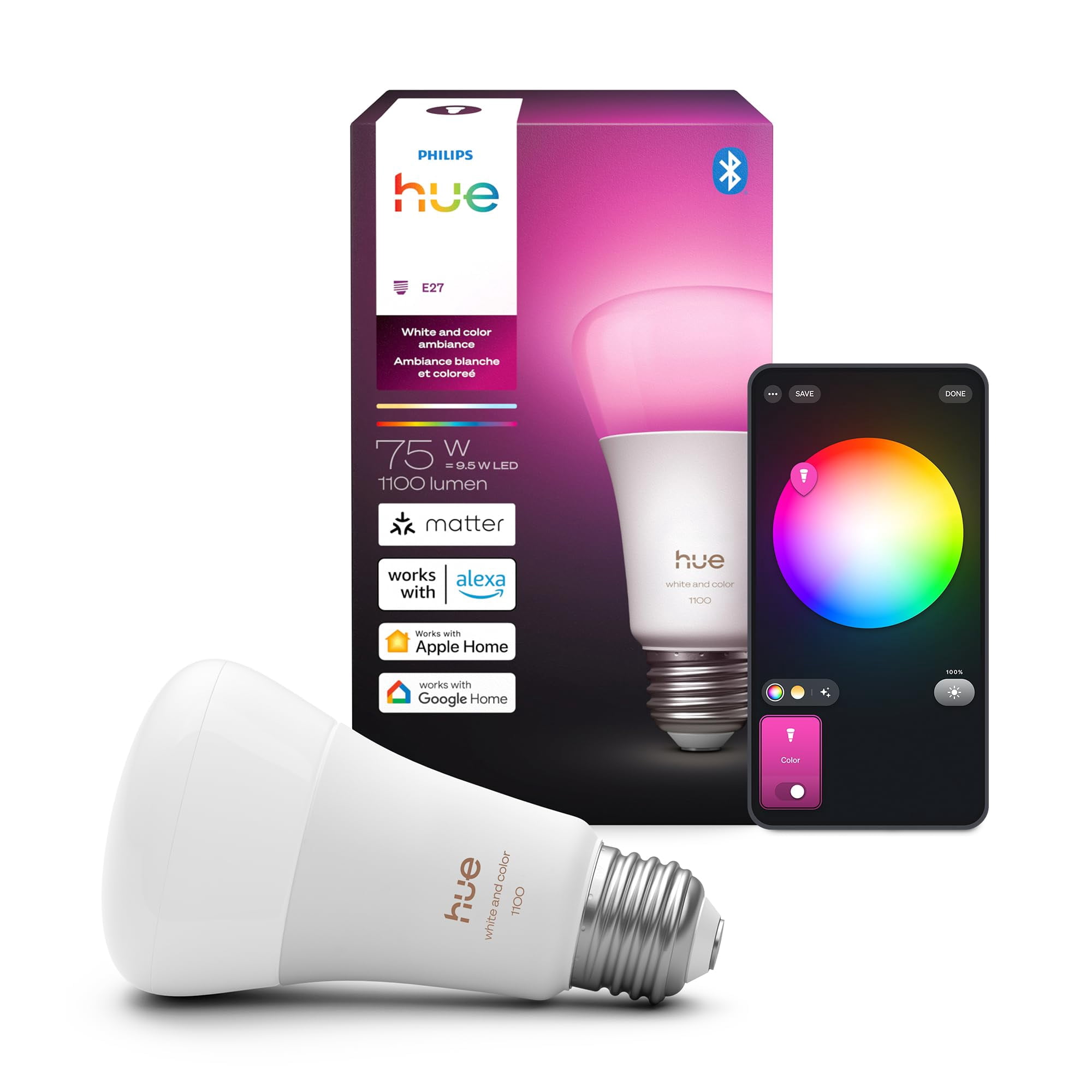 Bombilla Led Inteligente Philips Hue A19, Paquete De 1, Blanca Y Color Ambiance