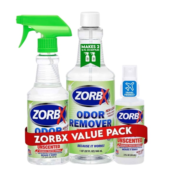 Eliminador de Olores ZORBX 2 oz (≈60 ml) + 473 ml + 946 ml Spray sin Perfume