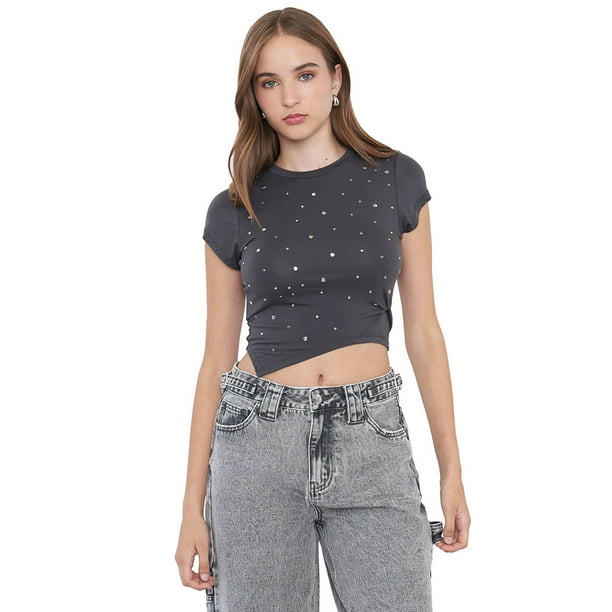 Polera Mujer Manga Corta Tachas Gris Corona