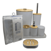 Genérico - Juego Accesorios Set De Baño 6 Piezas Bambú Cepillo Wc Blanco + Cortina De Obsequio