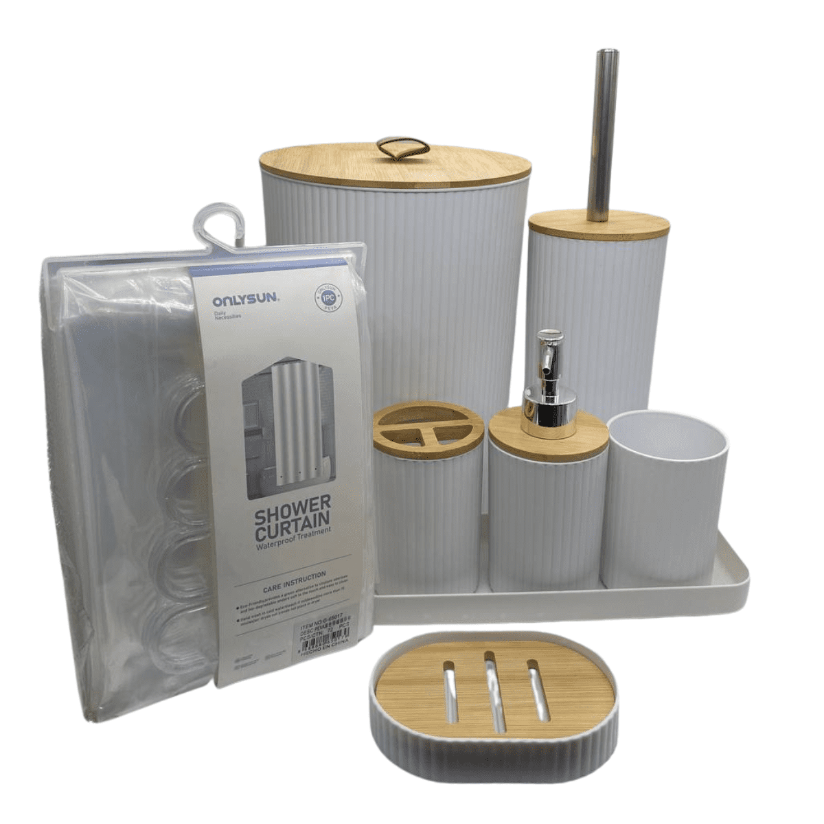 Genérico - Juego Accesorios Set De Baño 6 Piezas Bambú Cepillo Wc Blanco + Cortina De Obsequio