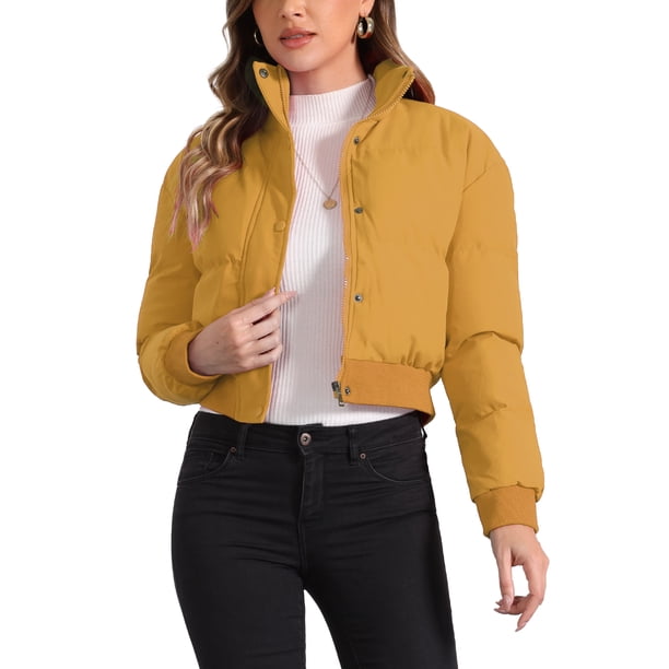 INSPIRE CHIC Chaqueta Acolchada Recortada para Mujer de Invierno con Cuello Alto, Abrigo Bomber Acolchado con Cremallera y Botones al Frente XS Amarillo Oscuro