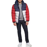 Chaqueta Tommy Hilfiger Para Hombre, Con Capucha, Acolchada, Azul Marino, Rojo Y Hielo, Talla Xl