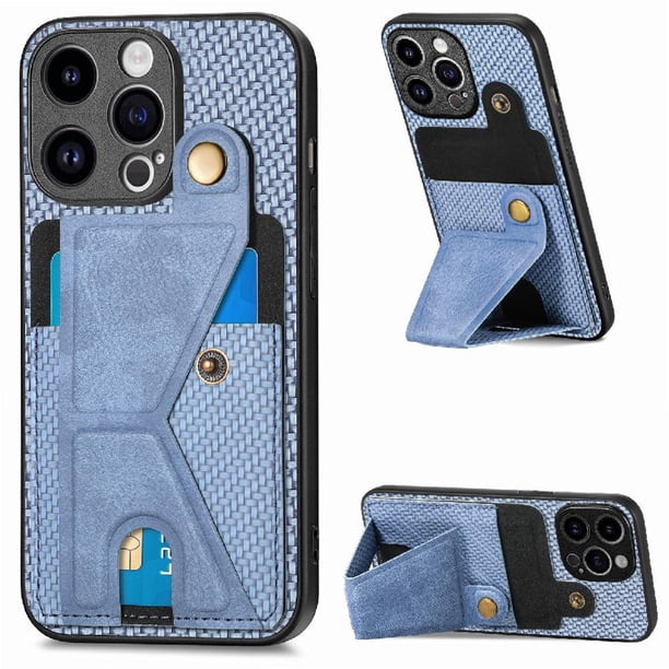 Funda Resistente para iPhone 15 Pro Max con Tarjetero y Soporte, Diseño Magnético Azul