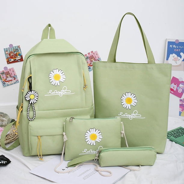 4pcs/Set Preppy Style Daisy Print Backpacks Canvas School Rucksack Teenager Girls Travel Mochila Shoulder Bags Students Clutches