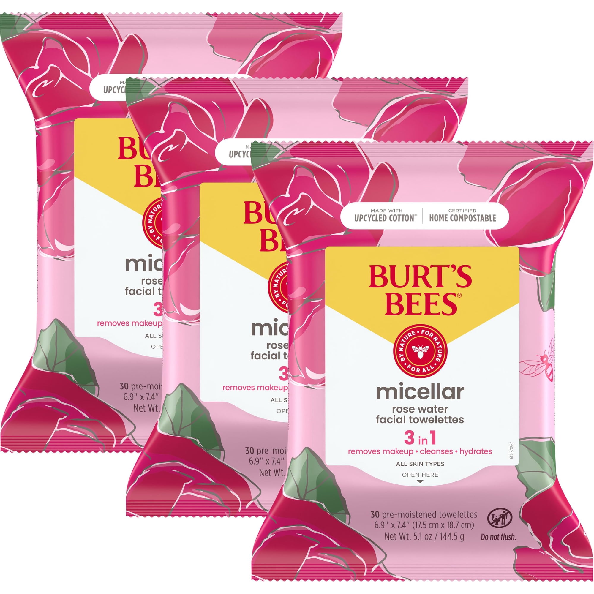 Toallitas Faciales Burt's Bees Micellar Con Agua De Rosas, 30 Unidades (paquete De 3)