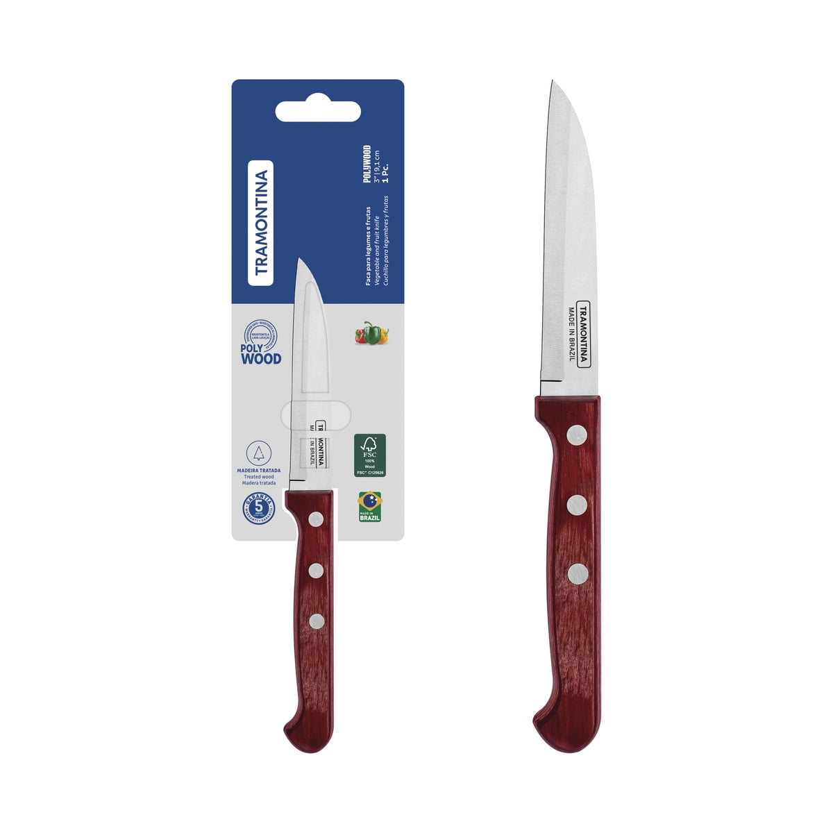 Cuchillo Para Frutas Y Verduras Tramontina Polywood Con Lámina De Acero Inoxidable Y Mango De Madera Tratada Rojo 3