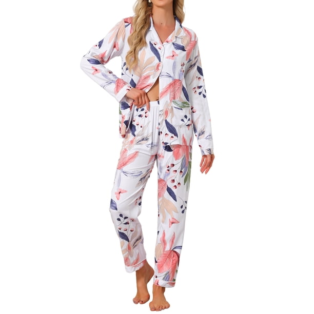 Conjunto de Pijamas para Mujeres INSPIRE CHIC de Manga Larga 2 Piezas Ropa de Dormir con Botones y Patrón Floral con Bolsillos M Hoja Ancha