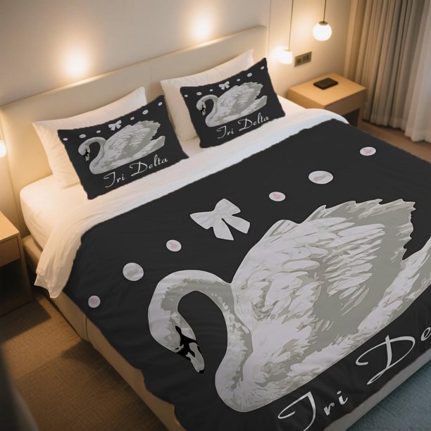 Elegant White Swan with Tri Delta Duvet Cover Set A Thanksgiving and Independence Day Cartoon Vintage Pattern Duvet Cover Set That Refreshes and Brightens