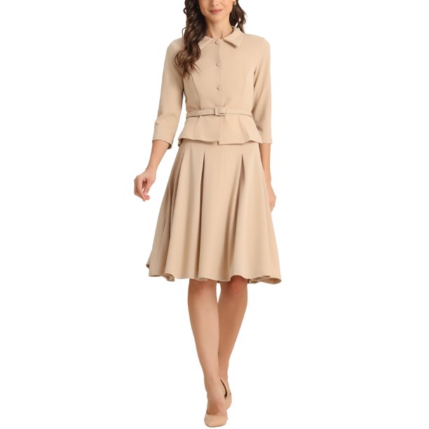 INSPIRE CHIC Conjuntos de Traje de Falda de Negocios para Mujeres Regreso a Clases Atuendo de Maestra 2 Piezas Conjuntos Oficina Chaqueta Blazer de Manga 3/4 Faldas Plisadas L Caqui