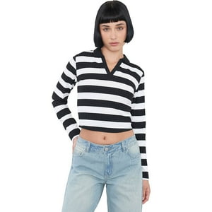 Polera Muje Manga Larga Cuello Polo Negro Rayas Corona