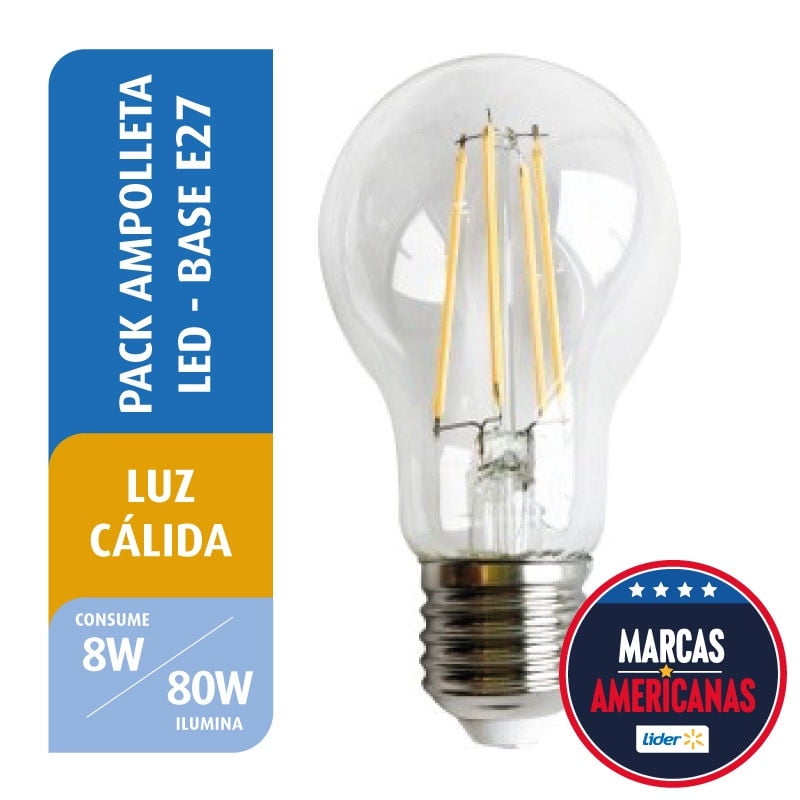Great Value - Pack 2 Ampolletas Led Filamento A60 8W Luz Cálida Base E28