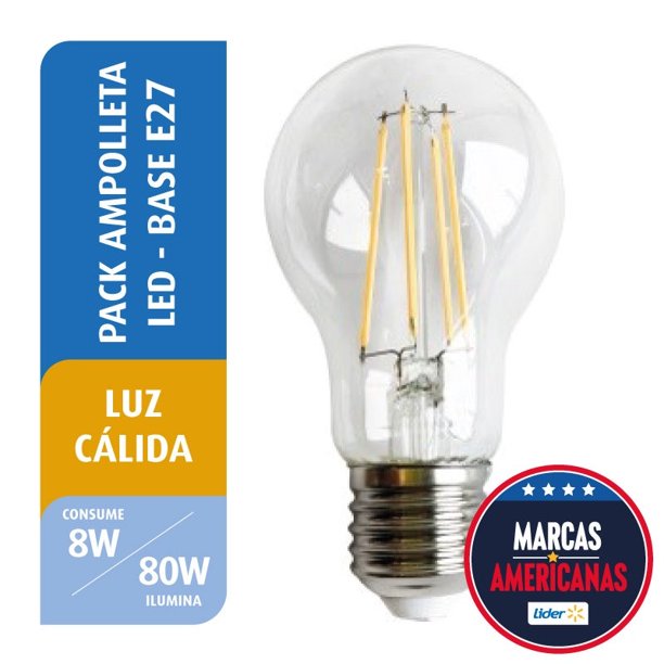 Pack 2 Ampolletas LED Filamento A60 8W Luz Cálida Base E28