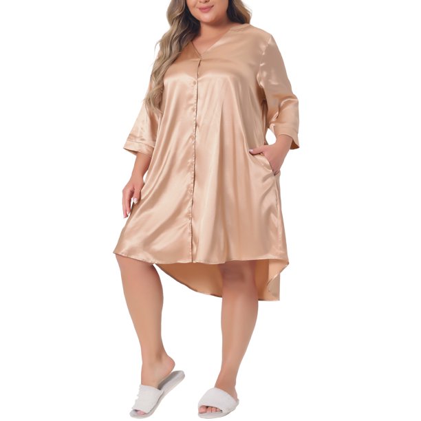 Agnes Orinda Camisón de Mujer Talla Grande de Satén con Botones y Bolsillos, Manga 3/4, Talla 1X, Color Champán