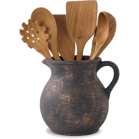 MIYUKI Rustic Kitchen Utensil Holder 7.6 Inch Ceramic Utensil Crock