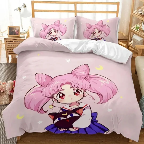 v544 Bed Sheets Kawaii Sailor Moon Bedding Set for boys Girls Luxury Duvet Cover Pink Comforter Double Duvet Cover Set with Cover camas 3-Piece Bedding Set (1 Duvet Cover + 2 Pillow Shams) Bed Sheets