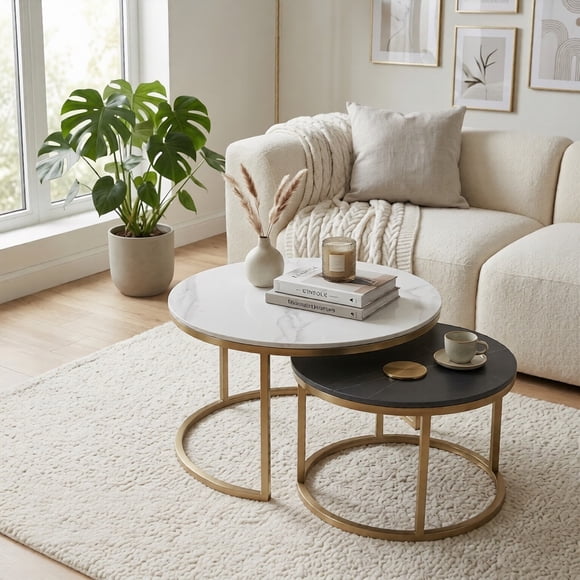 Mesa de Centro Moderna Redonda Mármol Gold Set 2 piezas Padova