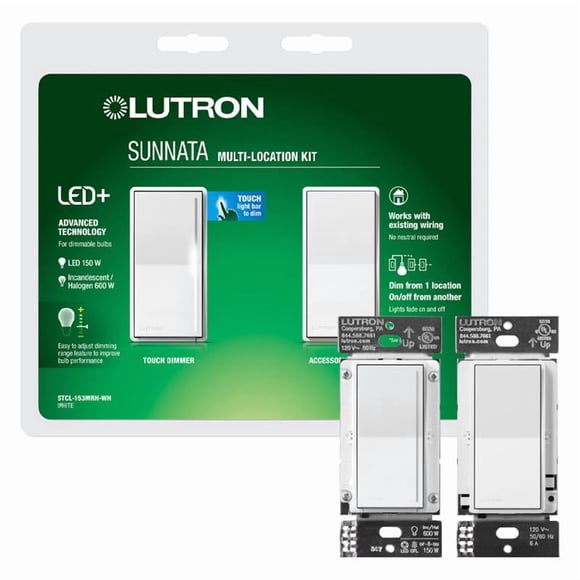 Atenuador Lutron Sunnata Rocker 150 W, paquete de 1 unidad, blanco