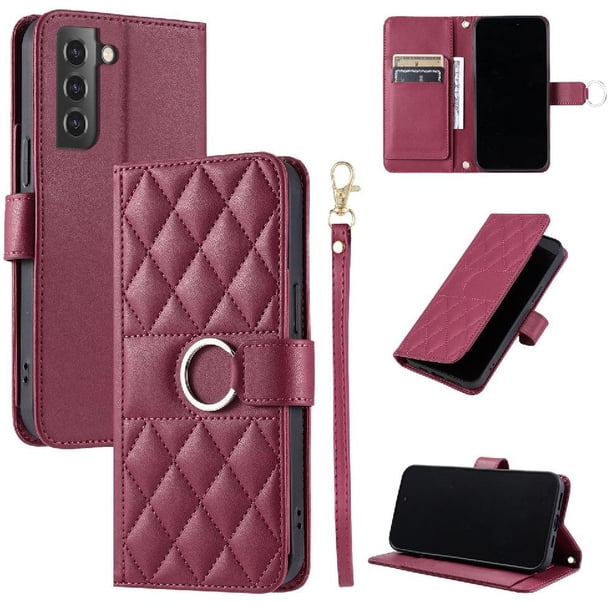 Funda Acolchada con Anilla y Correa para Samsung Galaxy S21 Plus Slots para Tarjetas Rojo